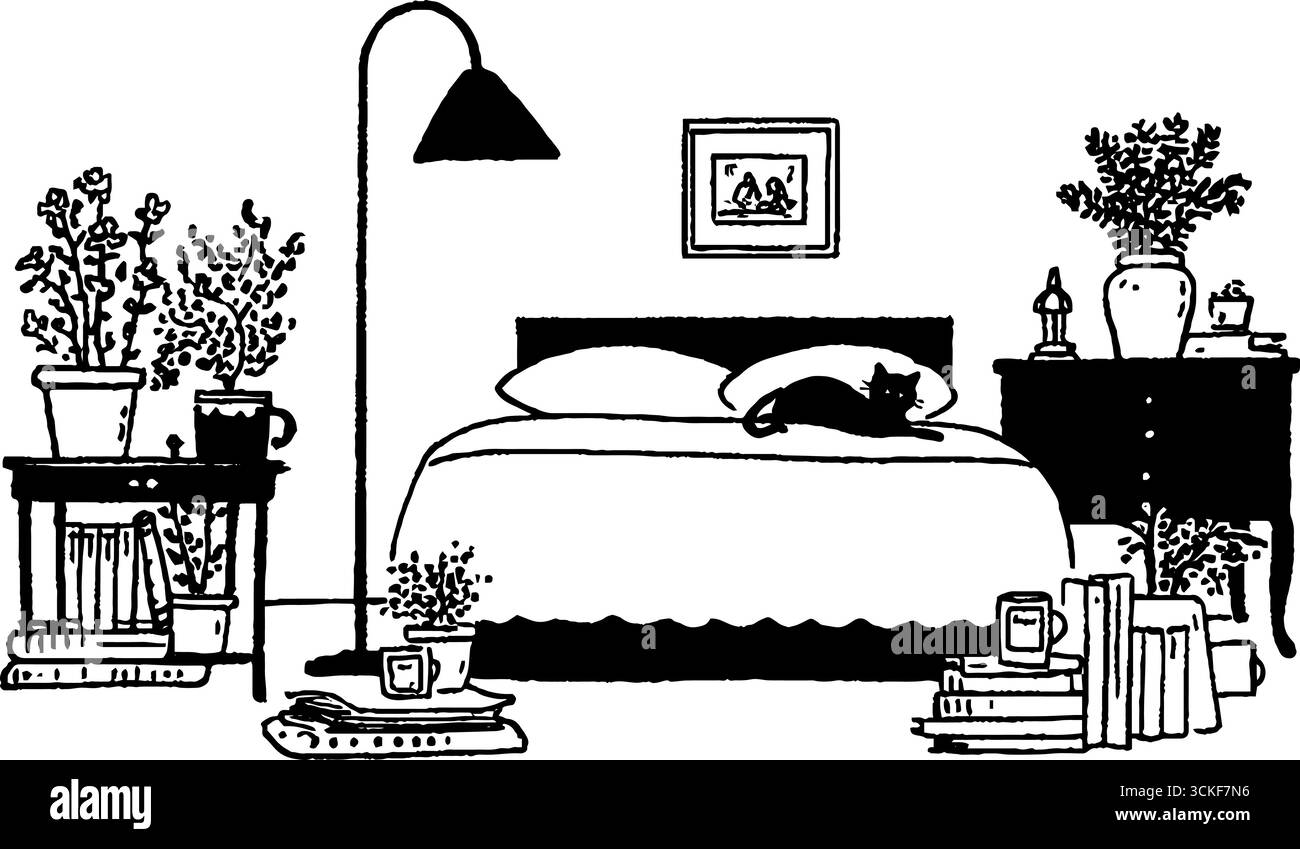 Illustration minimaliste de chambre en noir et blanc avec chat et plantes - conception pour la décoration intérieure. Illustration de Vecteur