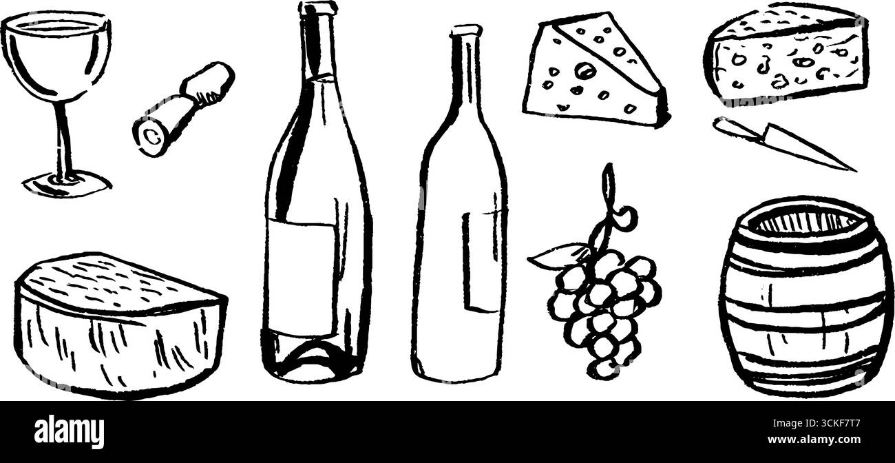 Ensemble de croquis noir et blanc d'éléments de vin et de fromage pour la conception culinaire. Illustration de Vecteur