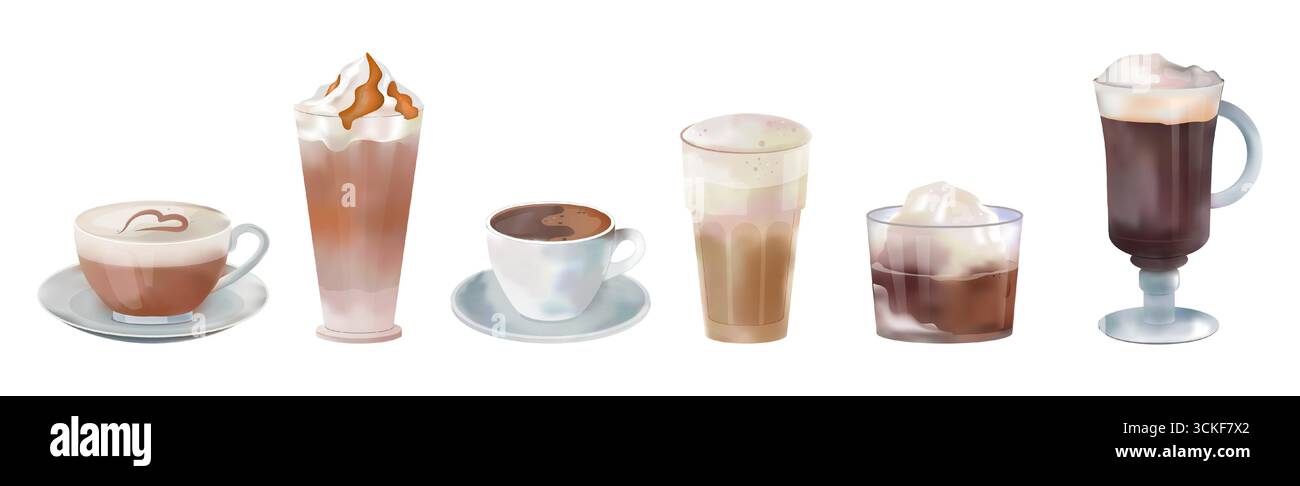 Boissons au café. Menu café barista. Gobelet pour boisson glacée. Verre à latte chaud. Frappe à froid. Espresso ou cappuccino mousse de lait. Aquarelle caféine americano. Arôme arabica. Jeu d'icônes isolées de restaurant vectoriel Illustration de Vecteur