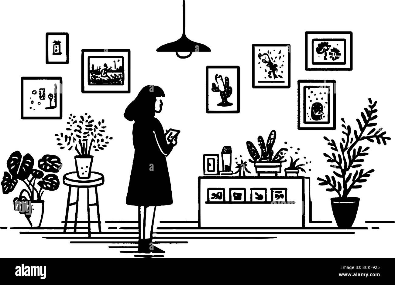 Illustration minimaliste en noir et blanc d'un intérieur de galerie avec une femme observant les multiples Illustration de Vecteur