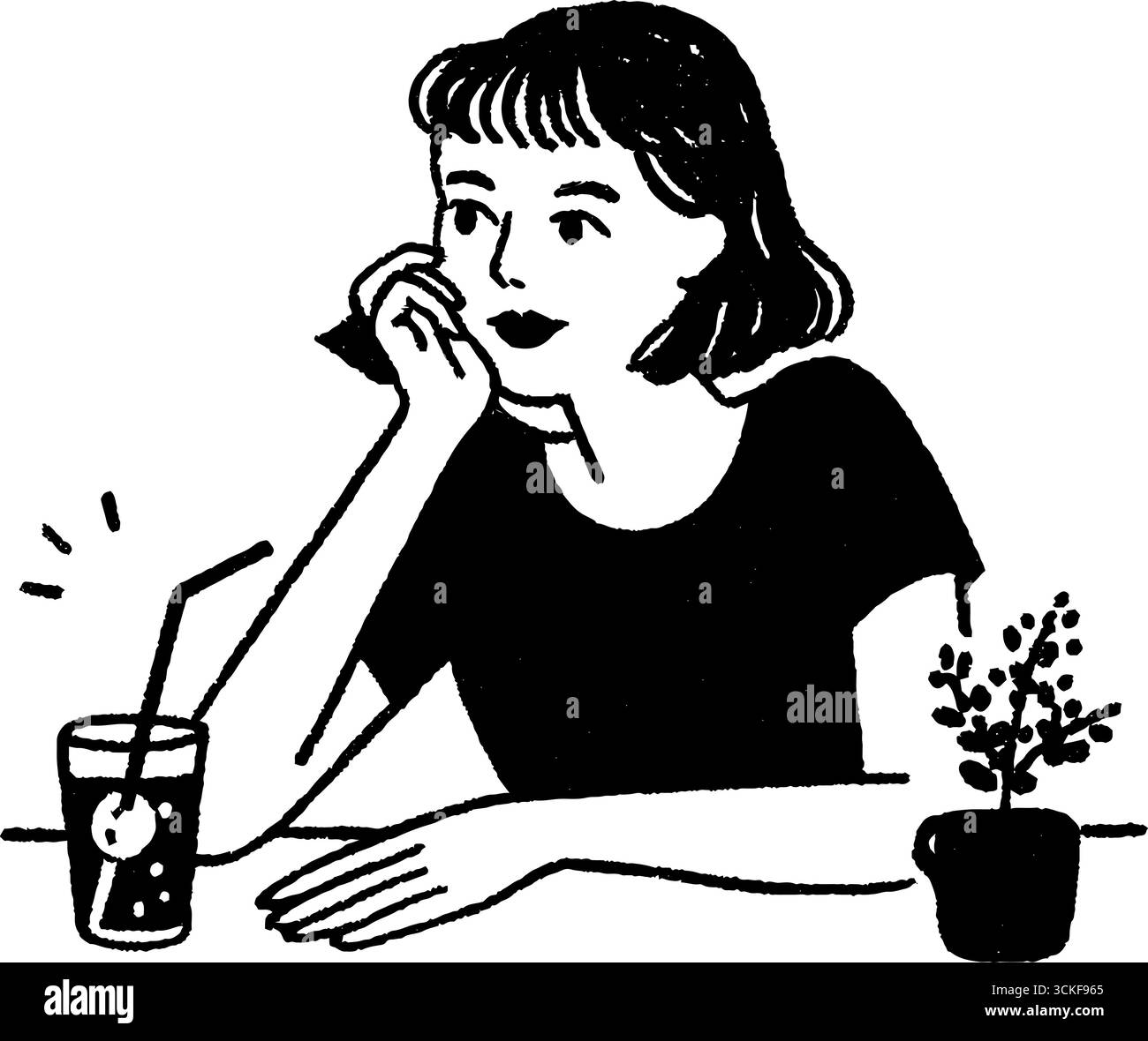 Illustration minimaliste en noir et blanc d'une femme se relaxant avec une boisson et une plante. Illustration de Vecteur