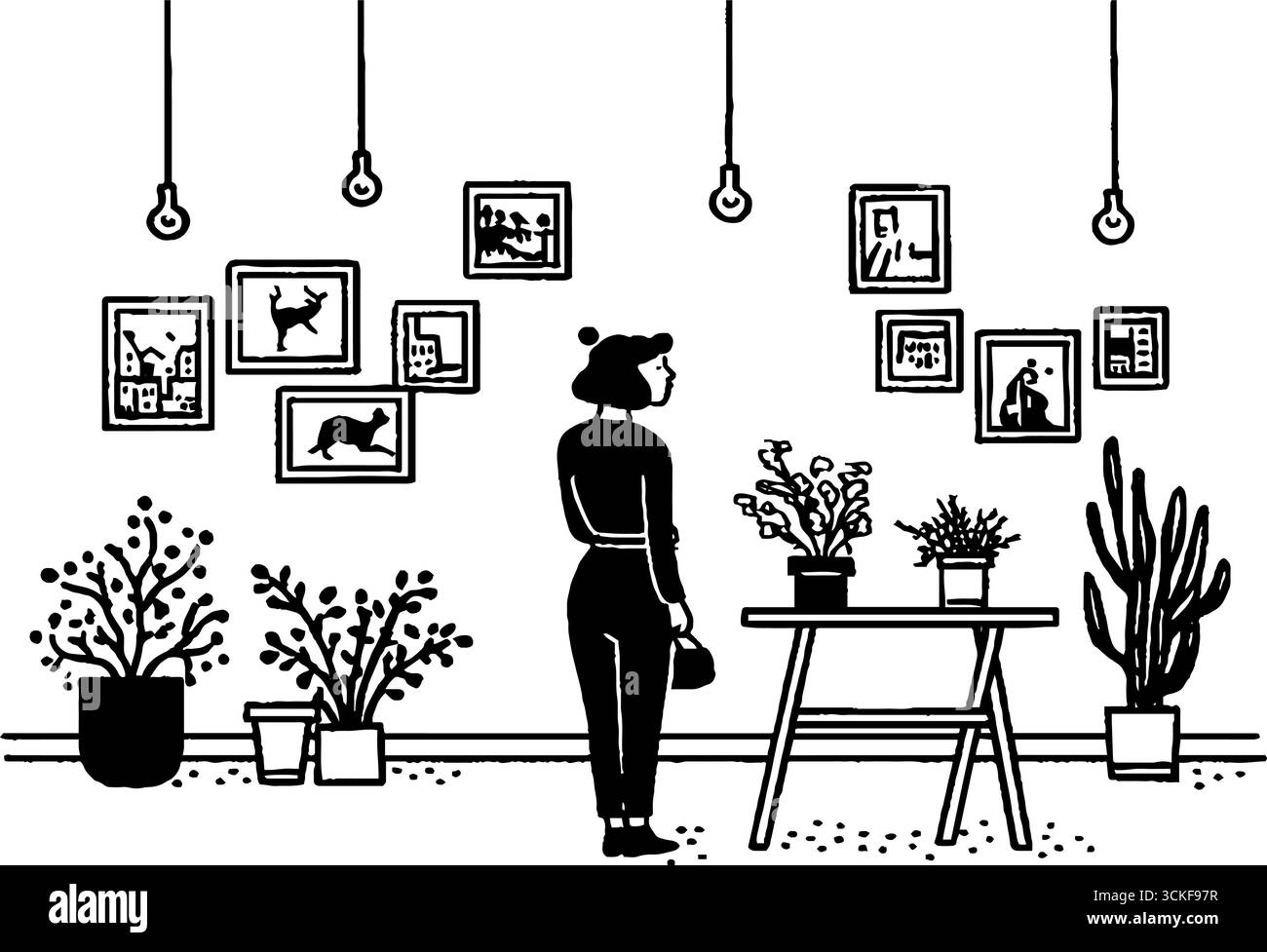 Scène de galerie minimaliste avec femme regardant l'art dans un cadre monochrome. Illustration de Vecteur
