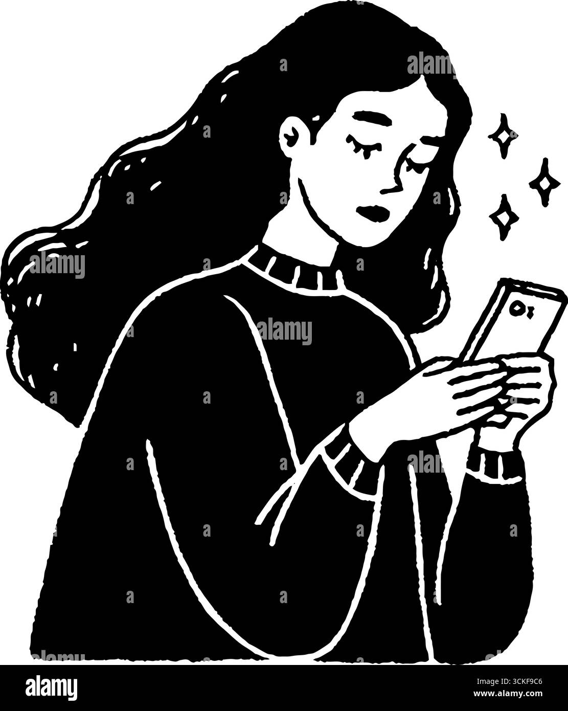 Illustration minimaliste en noir et blanc d'une femme utilisant un smartphone. Illustration de Vecteur