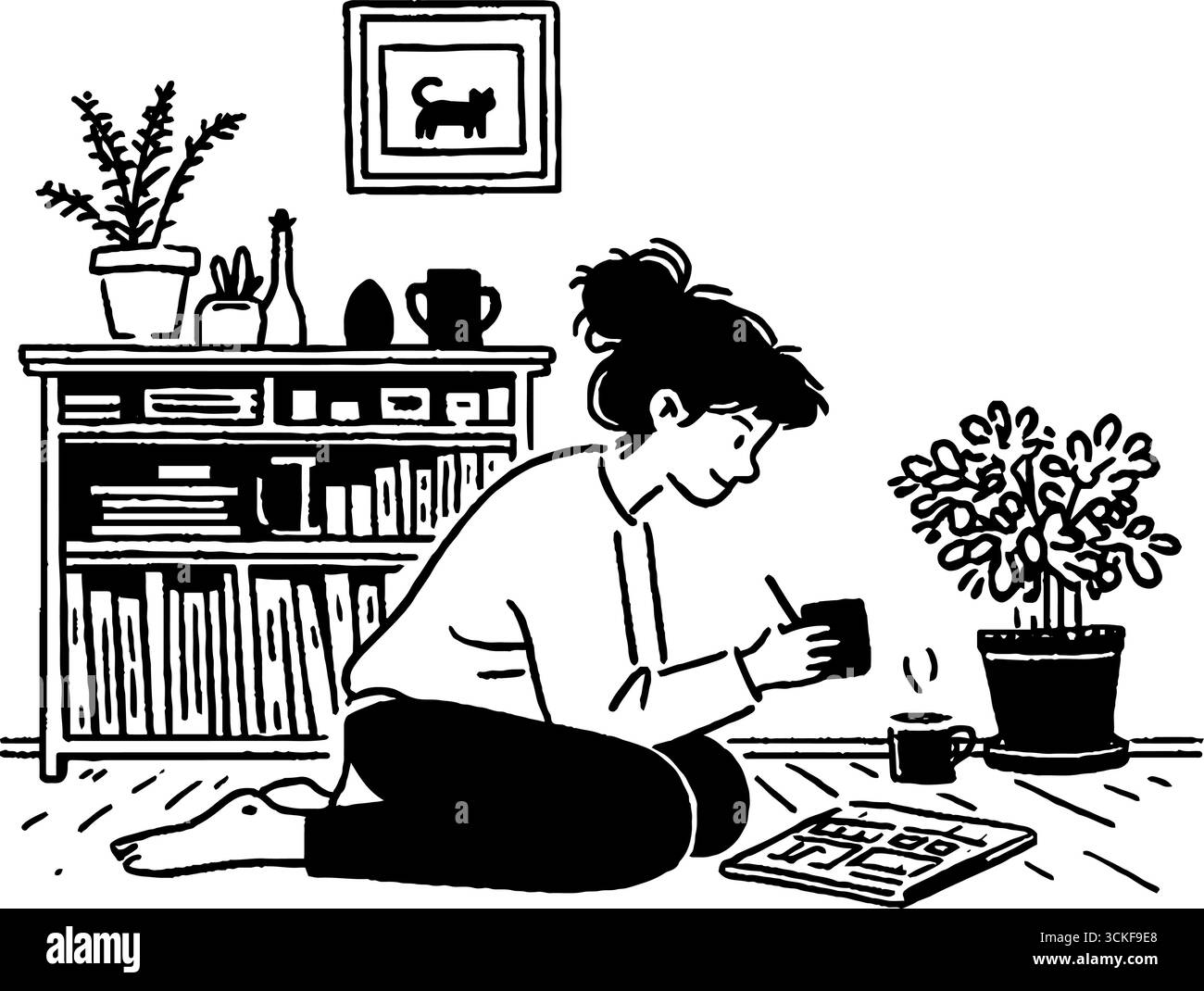 Femme détendue profitant d'un moment calme à la maison dans un style minimaliste noir et blanc. Illustration de Vecteur