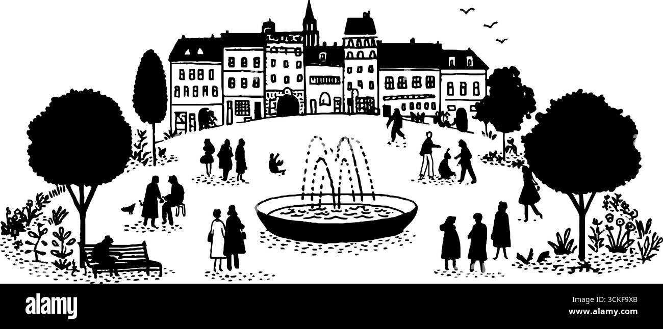 Scène de parc urbain minimaliste avec des gens et une fontaine en illustration noir et blanc. Illustration de Vecteur