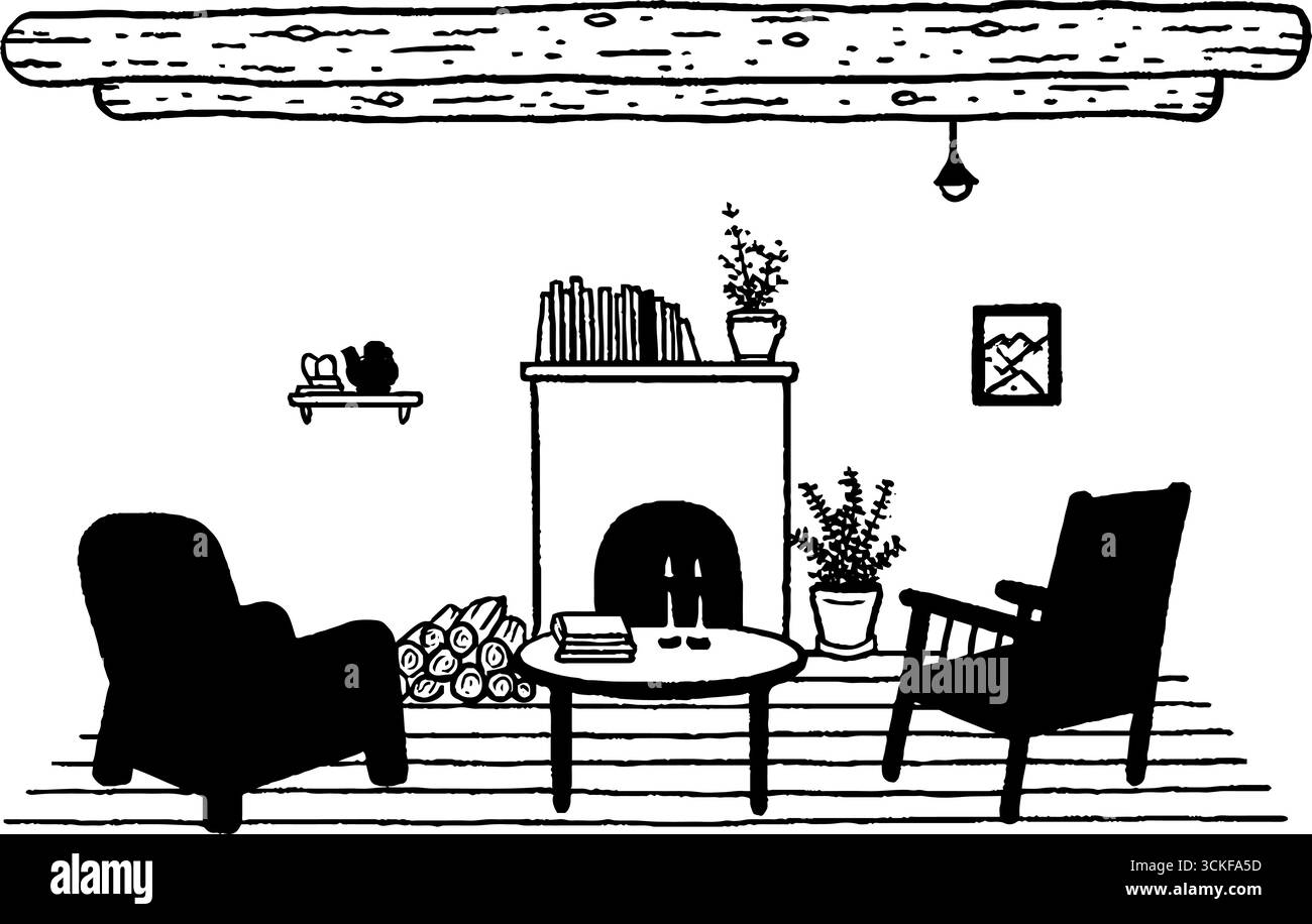 Scène de salon minimaliste confortable en noir et blanc avec cheminée et fauteuils. Illustration de Vecteur