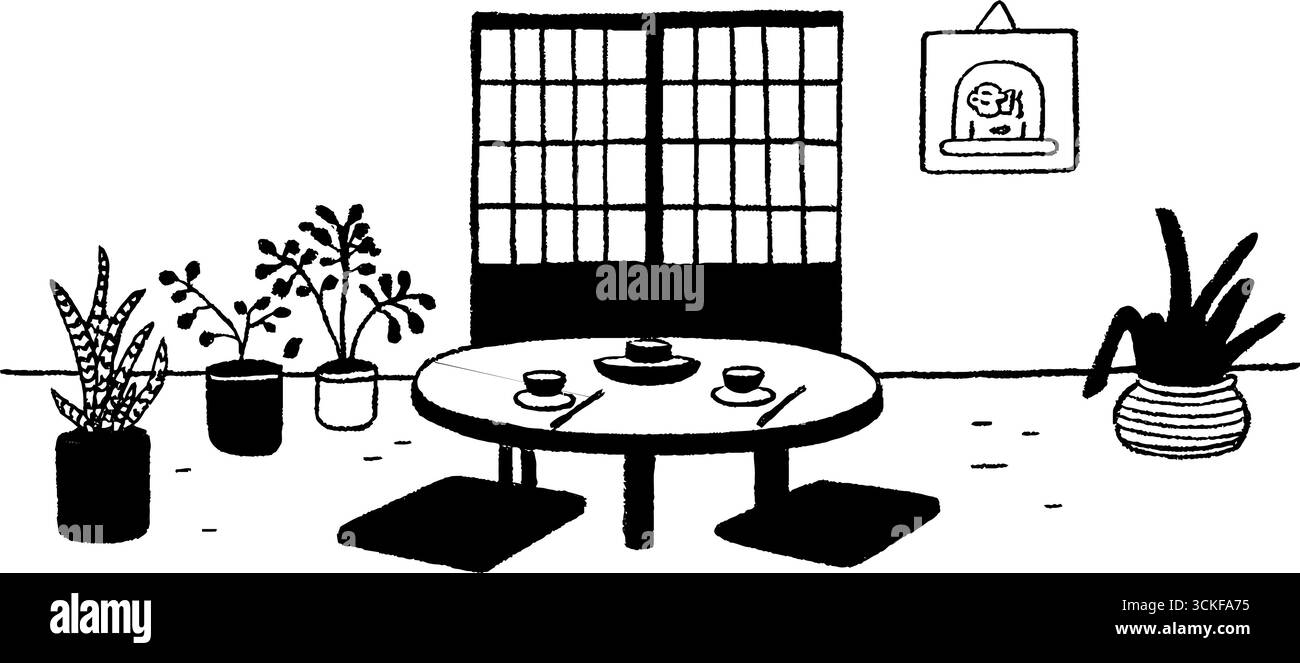 Illustration minimaliste de salon de thé japonais noir et blanc pour un décor zen. Illustration de Vecteur