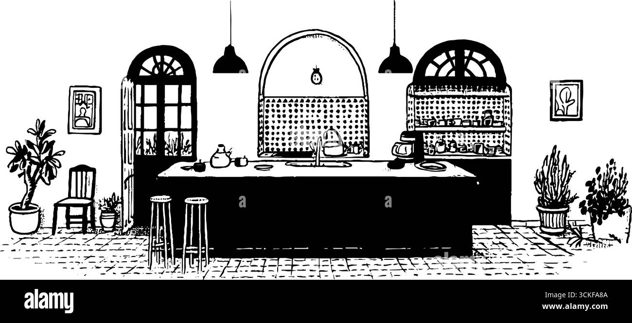 Illustration minimaliste en noir et blanc d'un design d'intérieur de cuisine moderne. Illustration de Vecteur