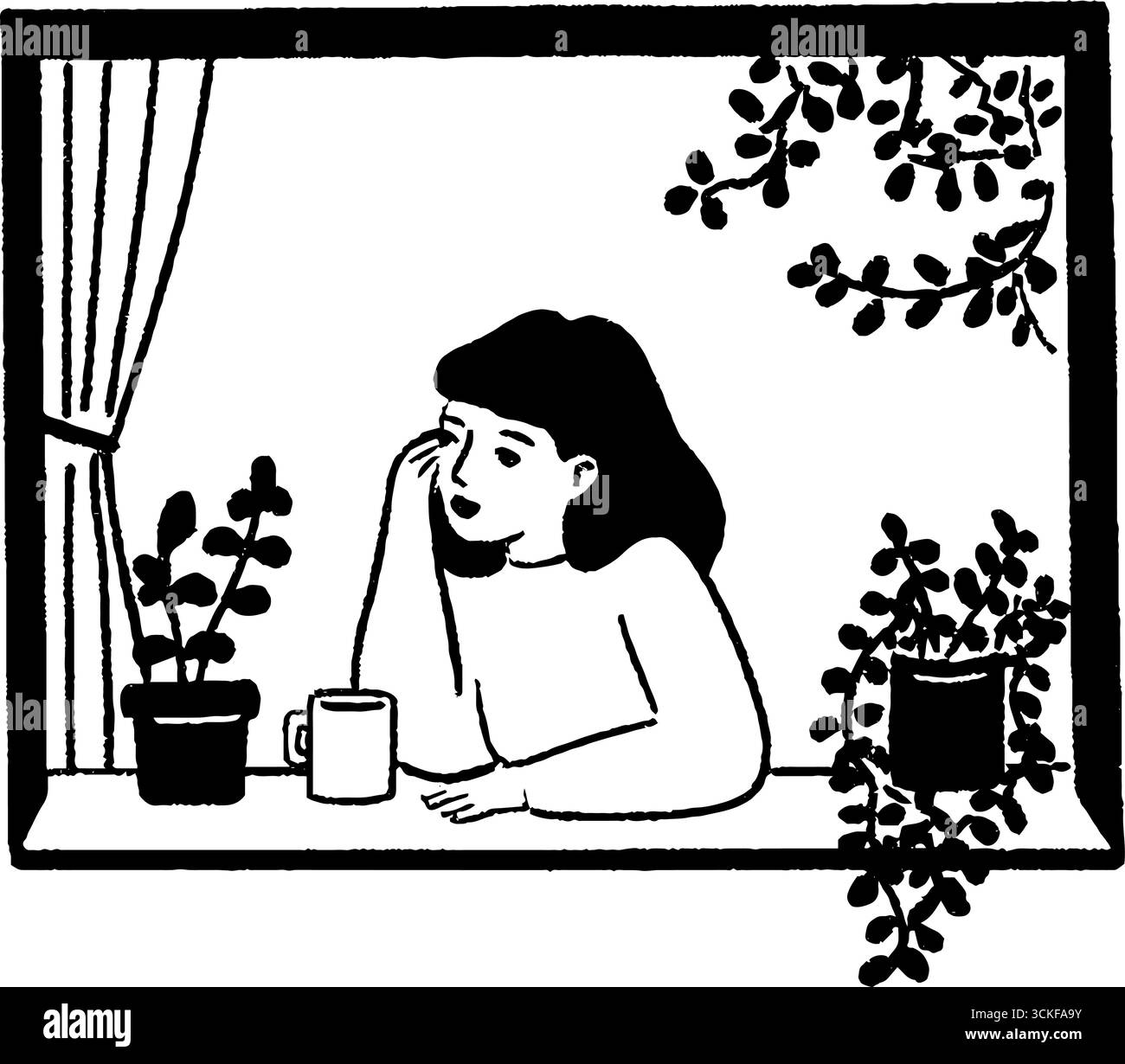Illustration minimaliste en noir et blanc d'une femme se relaxant par une fenêtre avec des plantes. Illustration de Vecteur