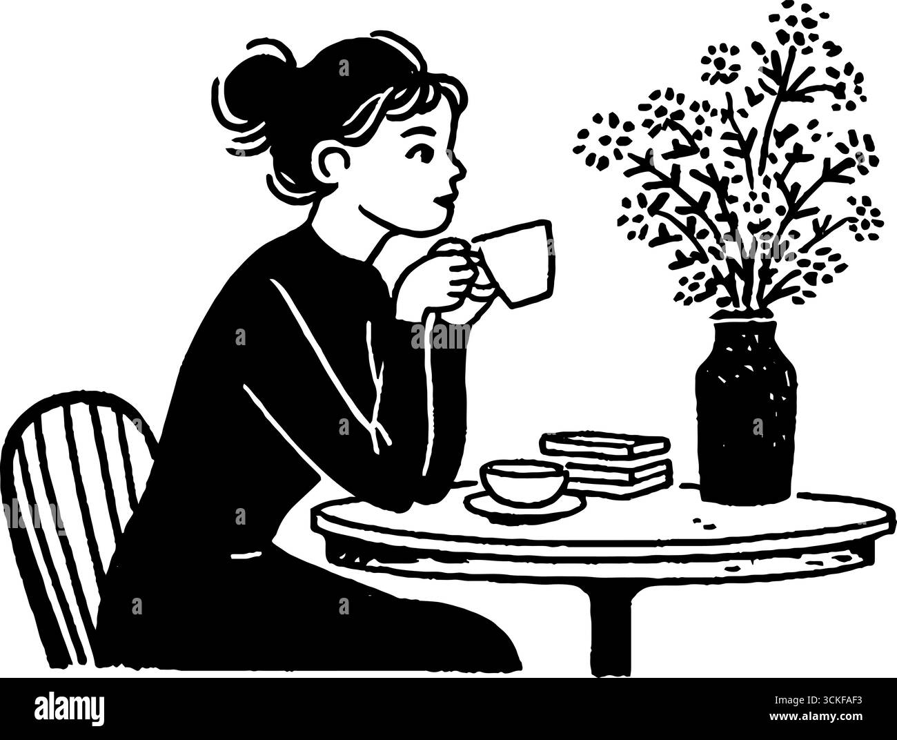 Illustration minimaliste en noir et blanc d'une femme appréciant le café à une table de café. Illustration de Vecteur