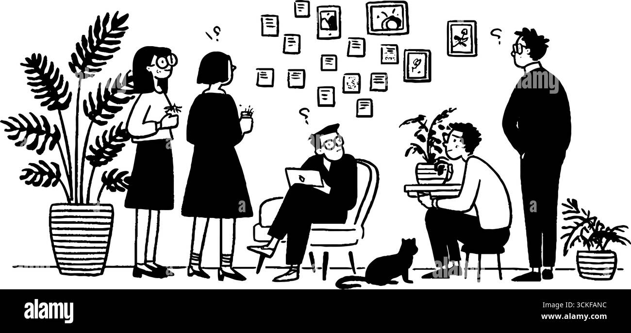 Scène minimaliste de brainstorming de bureau noir et blanc avec des plantes et des gens. Illustration de Vecteur