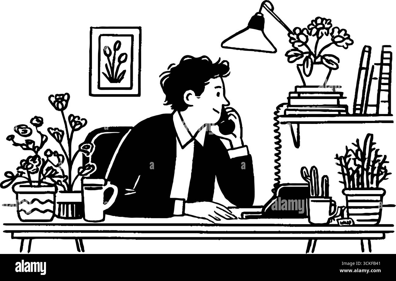 Illustration minimaliste en noir et blanc d'un homme dans un cadre de bureau avec des plantes. Illustration de Vecteur