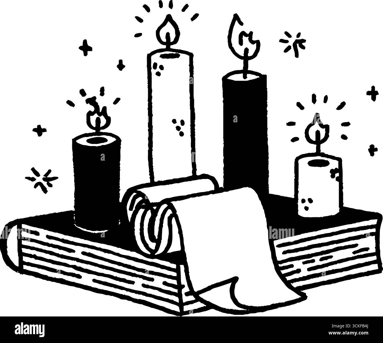 Illustration minimaliste en noir et blanc de bougies et de défilement sur livre. Illustration de Vecteur