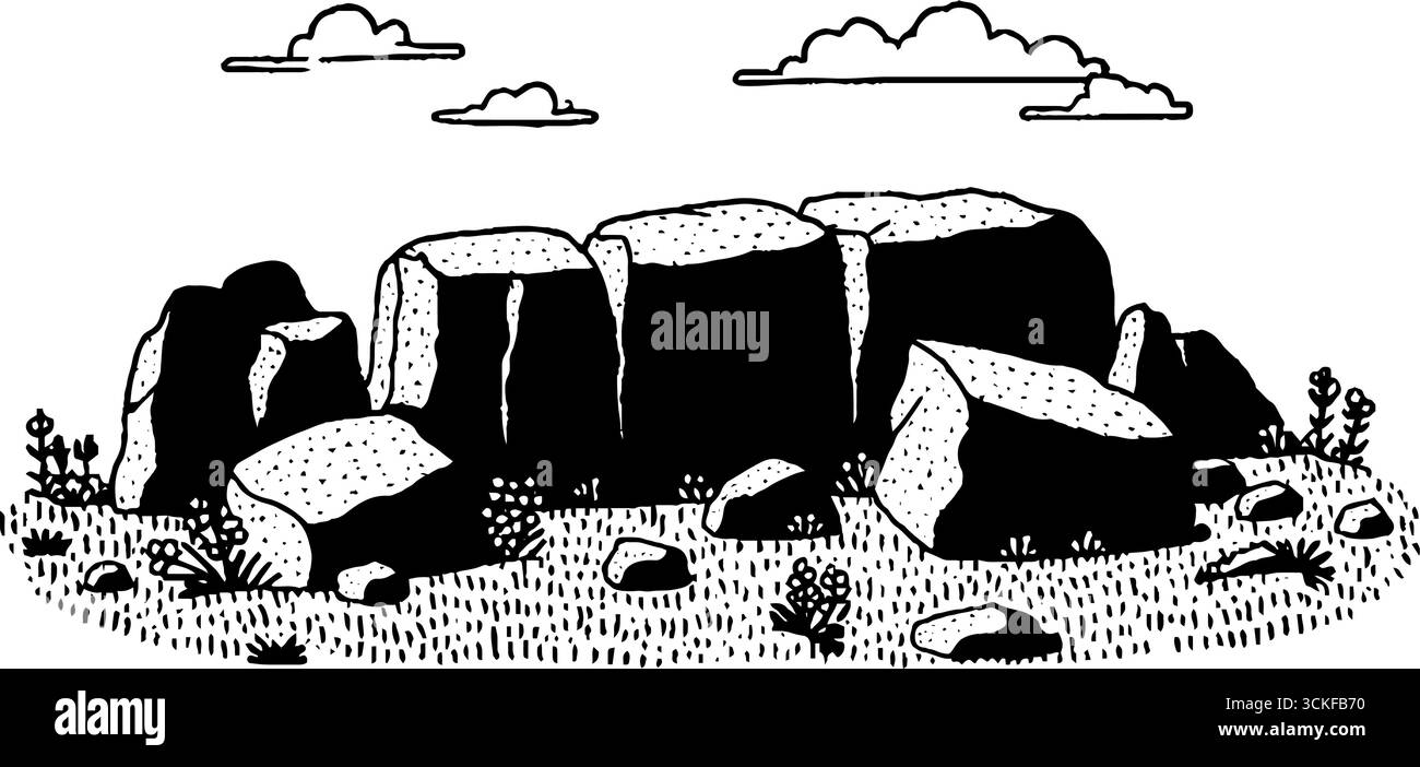 Paysage minimaliste monochrome avec formation de pierre et nuages. Illustration de Vecteur