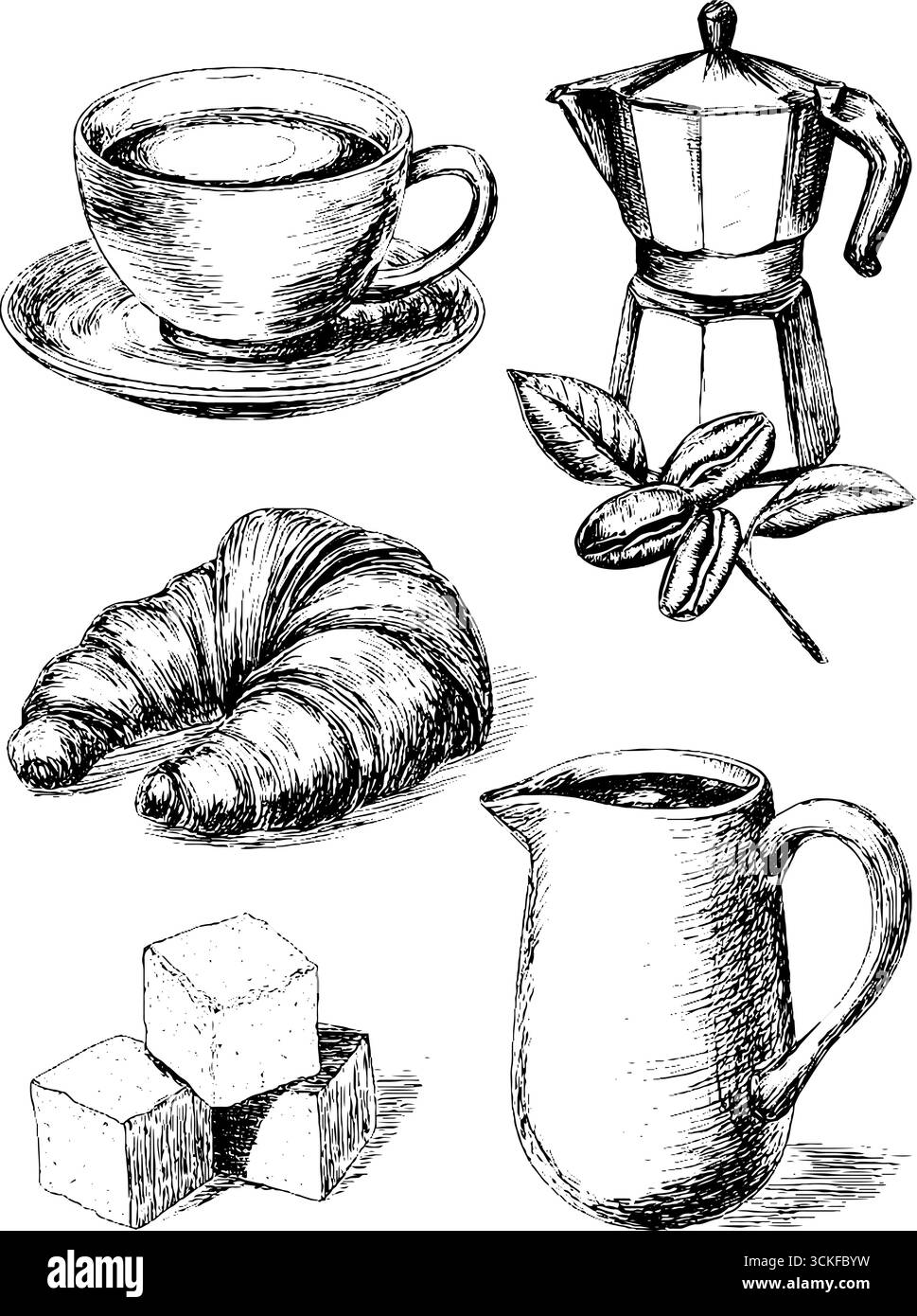 Service à café dessiné à la main avec tasse, pot à moka, croissant, cubes de sucre et pot à lait. Illustration de Vecteur