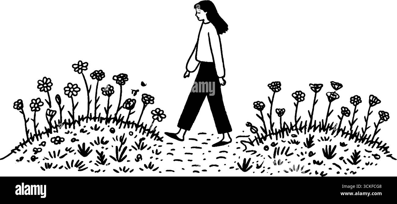 Illustration minimaliste en noir et blanc d'une femme marchant dans une prairie de fleurs. Illustration de Vecteur