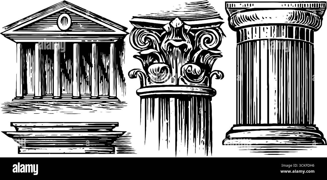 Architecture classique : colonnes doriques, ioniques et corinthiennes. Illustration de Vecteur