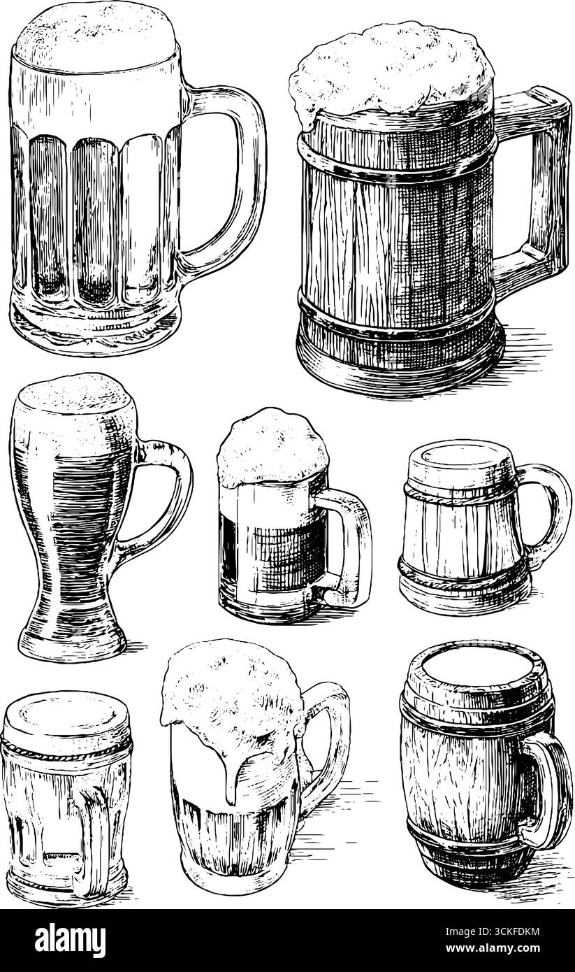 Chopes à bière vintage dessinées à la main et collection Steins. Illustration de Vecteur