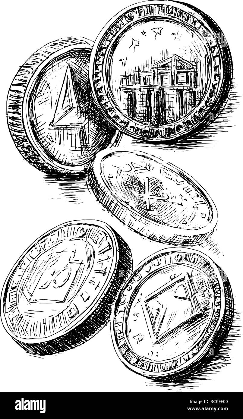 Croquis dessiné à la main de pièces en euros avec divers dessins architecturaux détaillés. Illustration de Vecteur