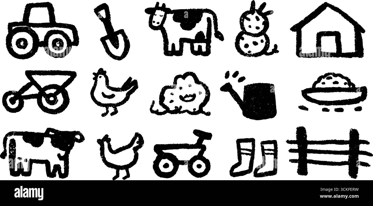 Collection d'icônes fermières dessinées à la main avec tracteur, pelle, vache et grange - parfait pour les conceptions agricoles. Illustration de Vecteur