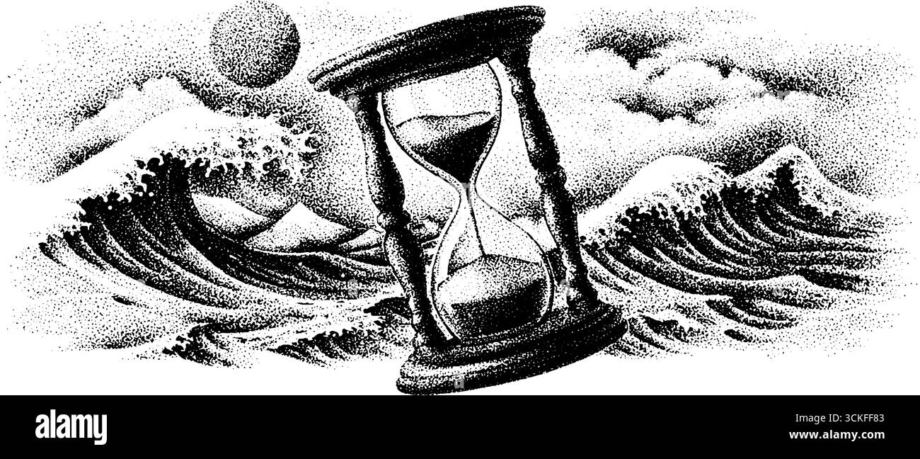 Pointillés complexes de sablier avec vagues de l'océan et montagnes. Illustration de Vecteur