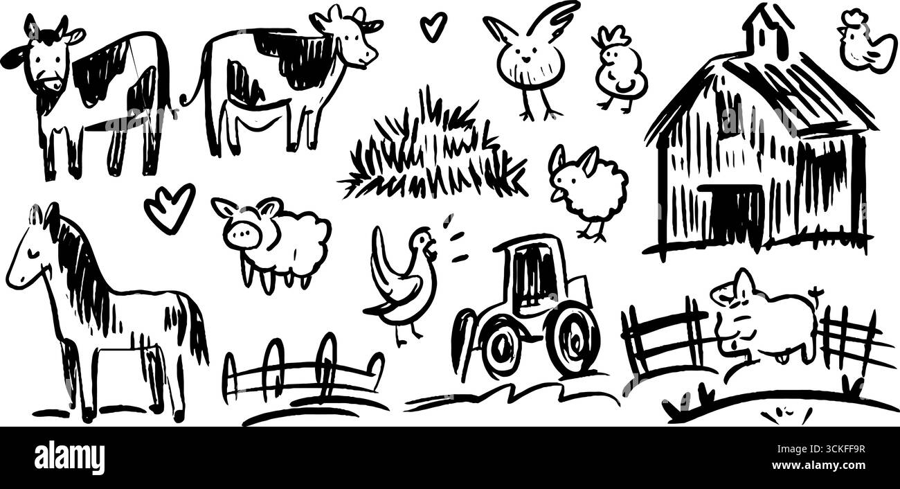 Charmants animaux de ferme doodle set : vache, poulet et éléments de grange pour des conceptions créatives. Illustration de Vecteur