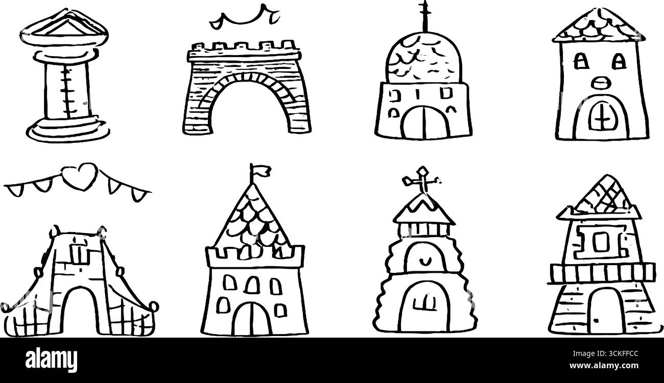 Griffonnages architecturaux dessinés à la main avec des colonnes, des arches et des bâtiments pour des projets de conception. Illustration de Vecteur