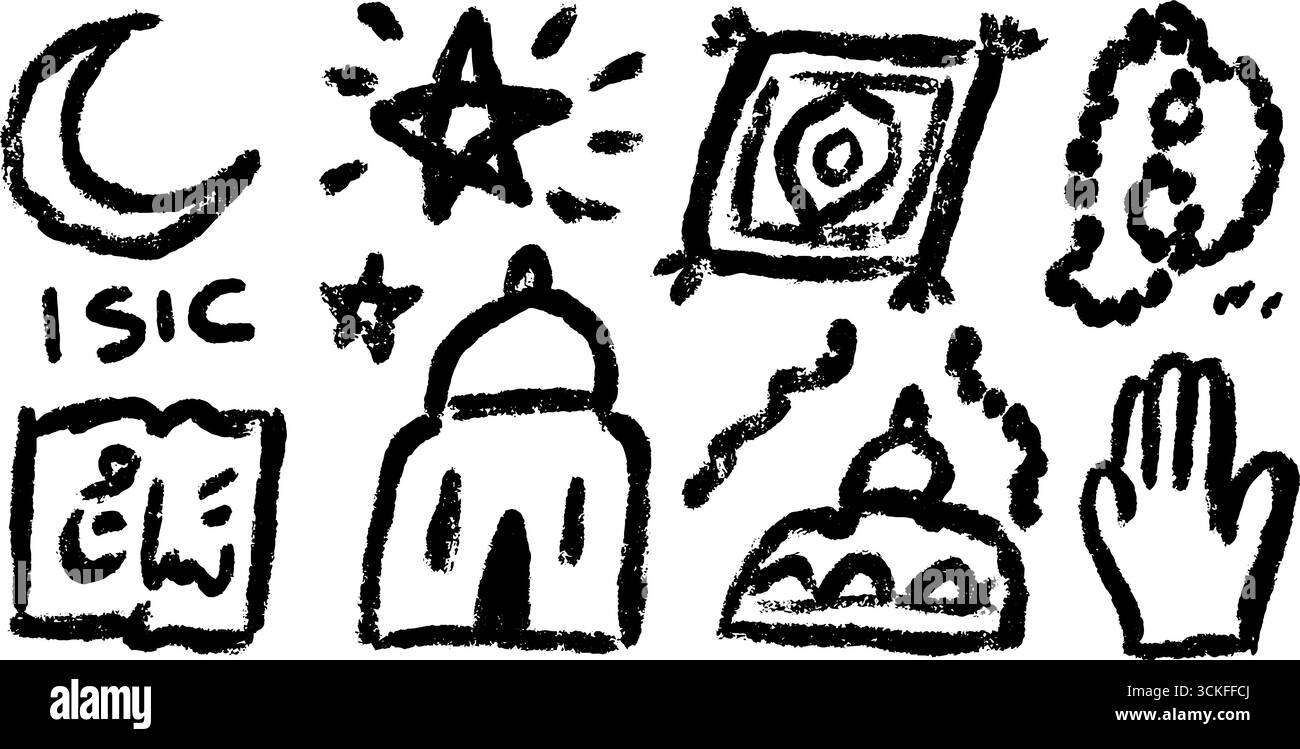 Symboles islamiques doodle ensemble avec croissant de lune, étoile, et mosquée pour vacances organisées Illustration de Vecteur