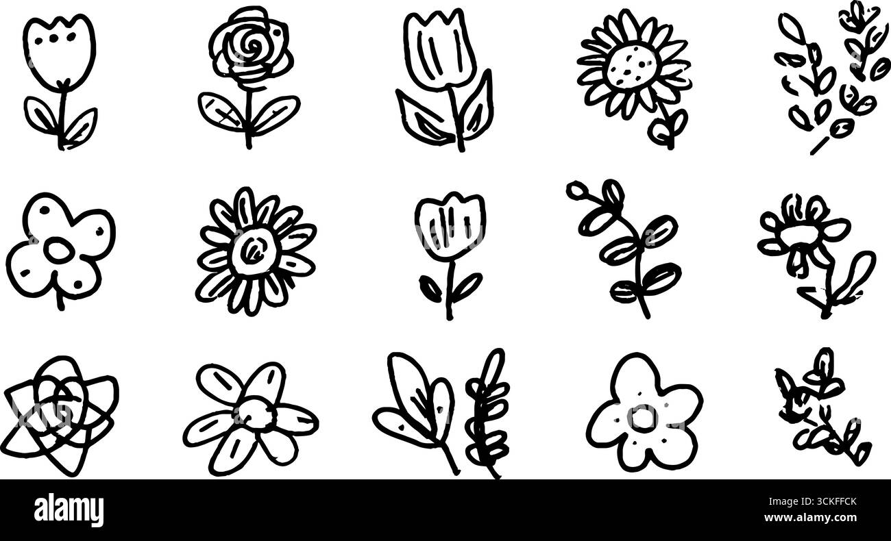 Charmante collection de doodles de fleurs avec des roses, des tulipes et plus encore pour des projets créatifs. Illustration de Vecteur