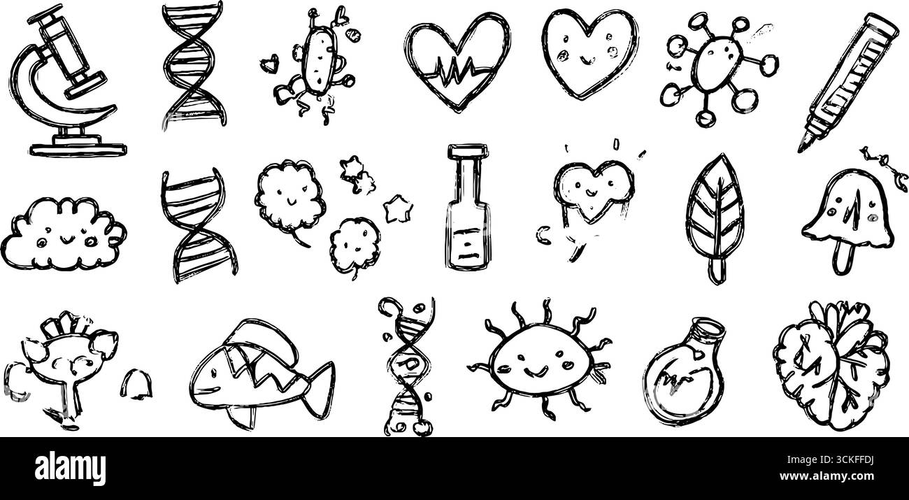 Ensemble de doodle fantaisiste de biologie mettant en vedette l'adn, le microscope et les icônes de la science pour la conception éducative. Illustration de Vecteur