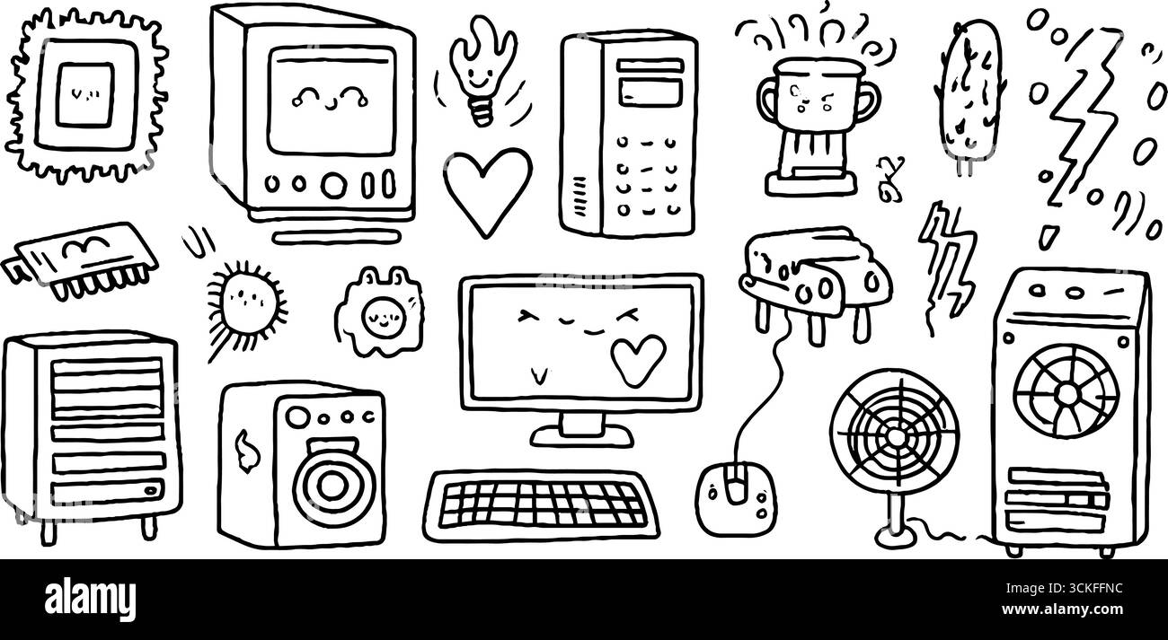 Ensemble fantaisiste de doodle de matériel informatique et de dispositifs pour la conception créative. Illustration de Vecteur