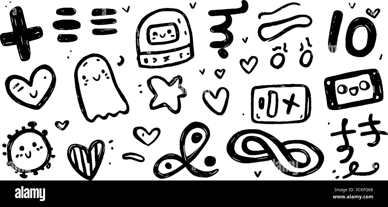 Ensemble ludique de symboles mathématiques et de dessins mignons pour des projets créatifs. Illustration de Vecteur