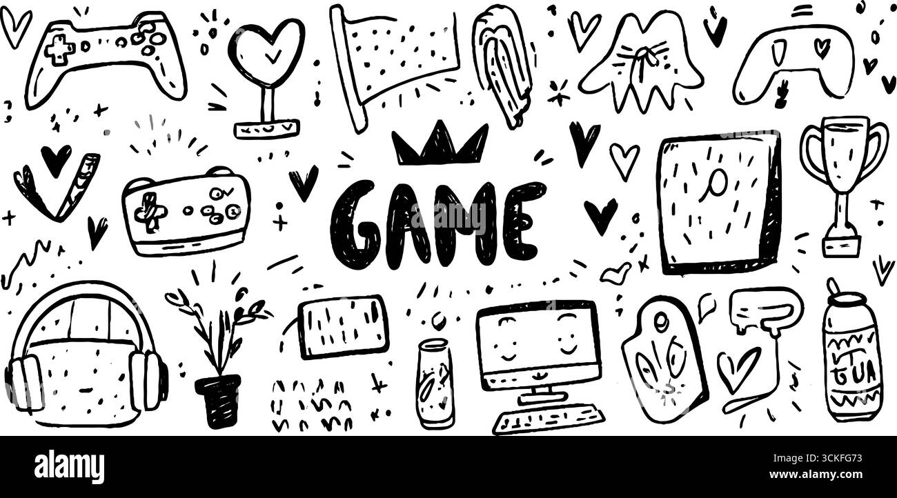 Ensemble de doodle icône eSports avec manette de jeu, souris et éléments de jeu pour un design créatif. Illustration de Vecteur