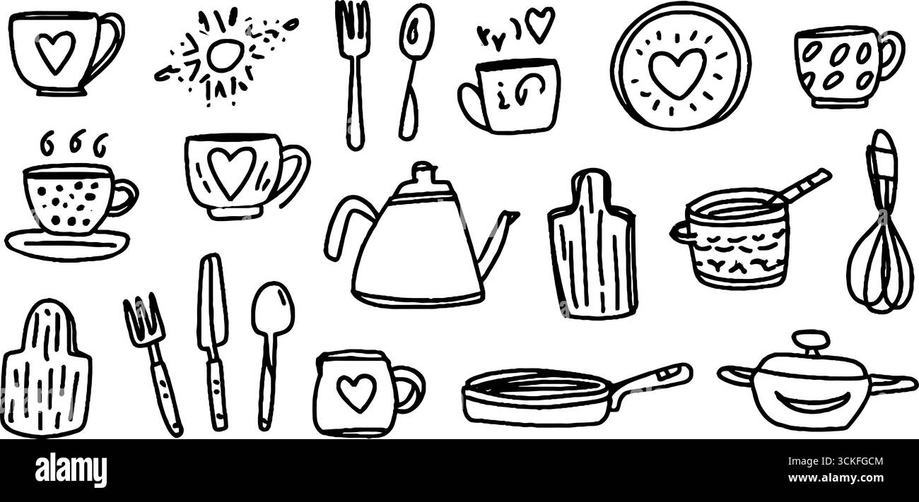 Charmants ustensiles de cuisine dessinés à la main gribouilles pour des projets de conception créatifs. Illustration de Vecteur