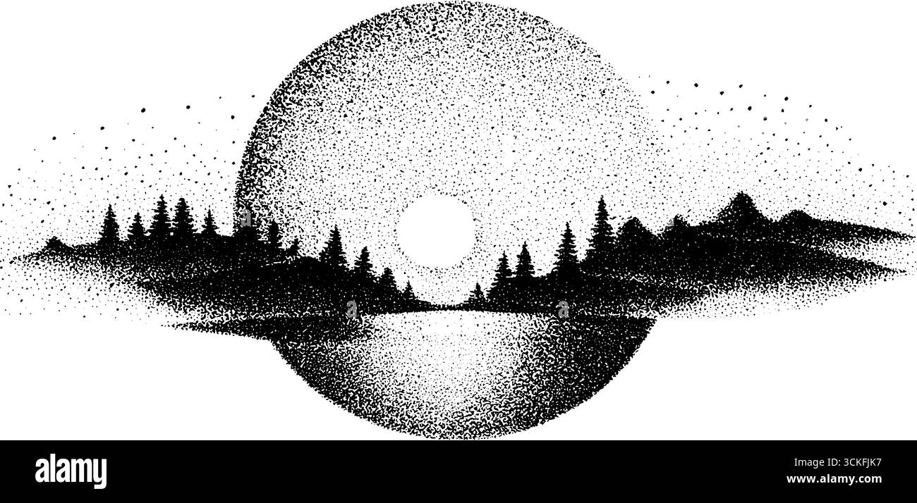 Paysage mystique de pleine lune avec pointillés et arbres silhouettés. Illustration de Vecteur
