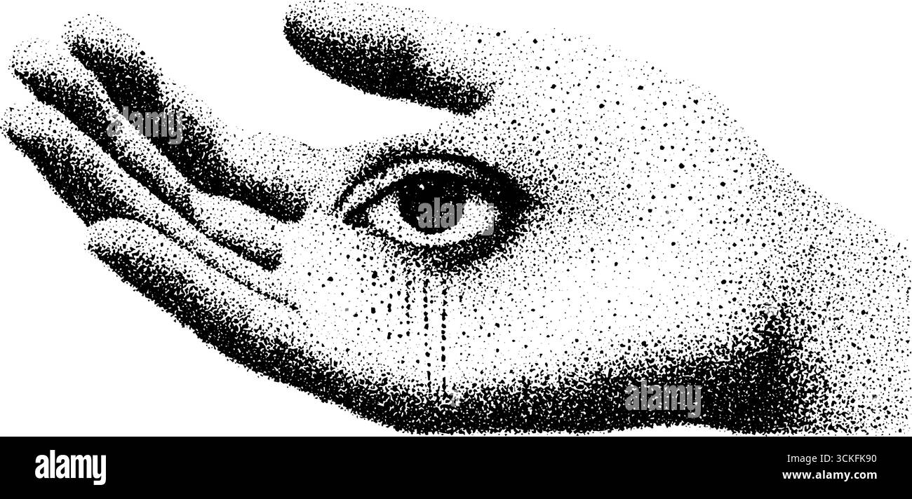 Surreal stipple dotwork main tenant l'œil illustration - design d'art pointillisme vintage. Illustration de Vecteur