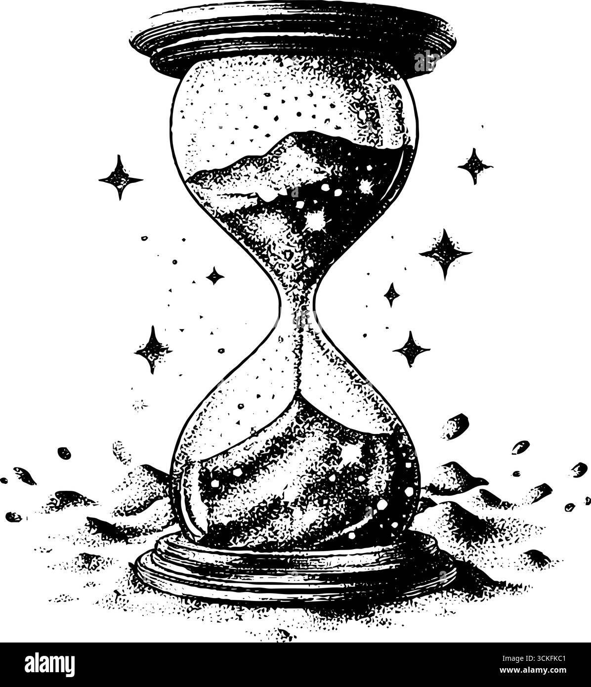 Sablier à pointillés avec du sable et des étoiles - symbole vintage du temps. Illustration de Vecteur