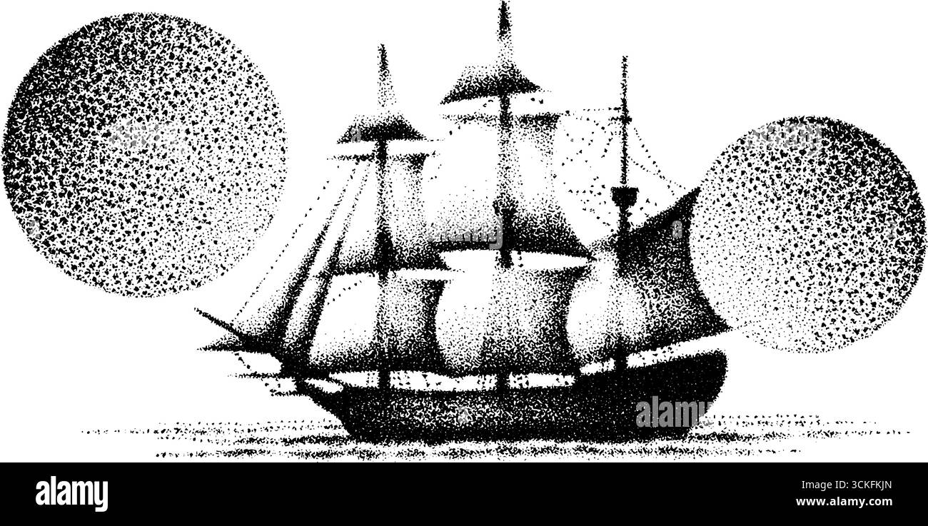 Voilier vintage en stipple art avec un design dégradé demi-teinte pour un décor nautique. Illustration de Vecteur