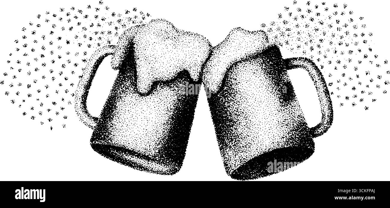 Illustration pointillée de dotwork de deux tasses à bière clinking pour la conception de célébration. Illustration de Vecteur