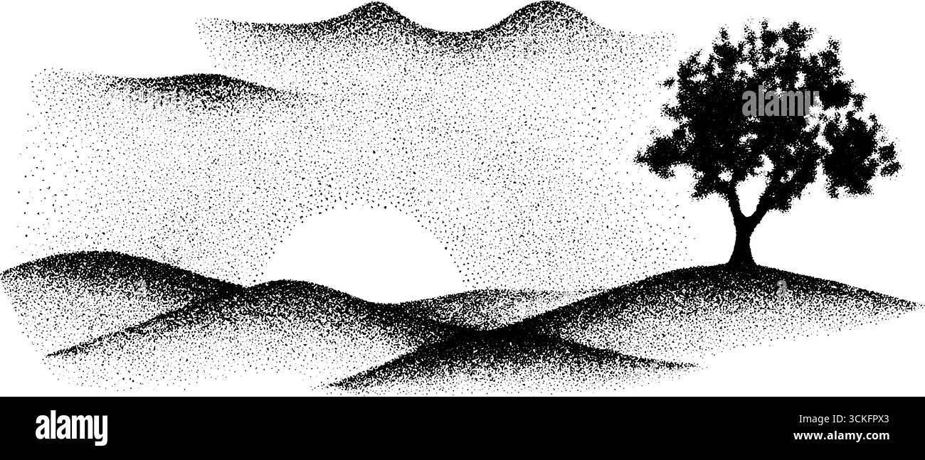 Art ponctué de coucher de soleil sur les collines avec un arbre solitaire dans le style dotwork. Illustration de Vecteur