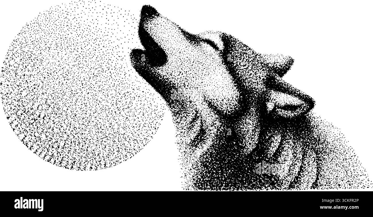 Illustration pointillée d'un loup hurlant à la lune dans un style vintage. Illustration de Vecteur