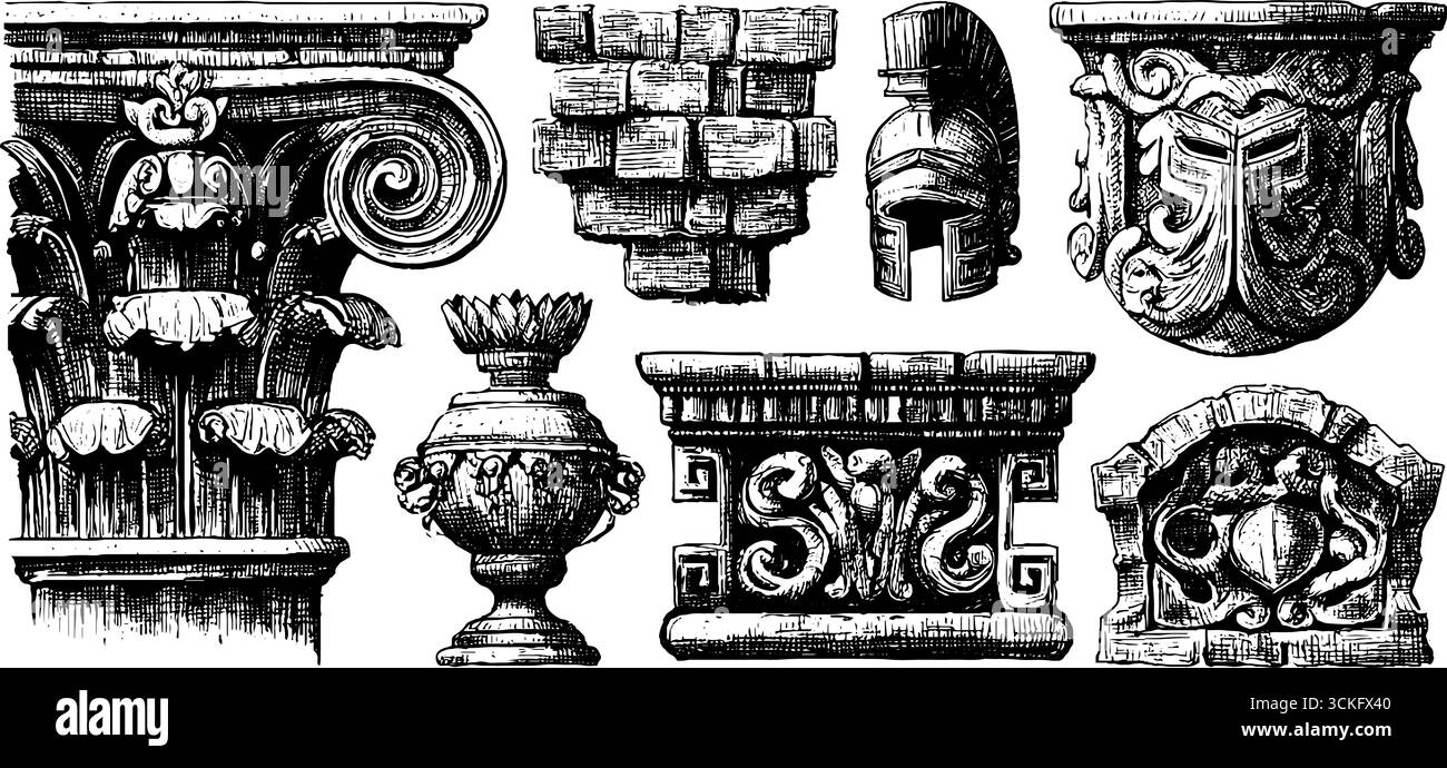 Ensemble de coins de colonne grecque décoratifs dessinés à la main et d'éléments pour la conception. Illustration de Vecteur