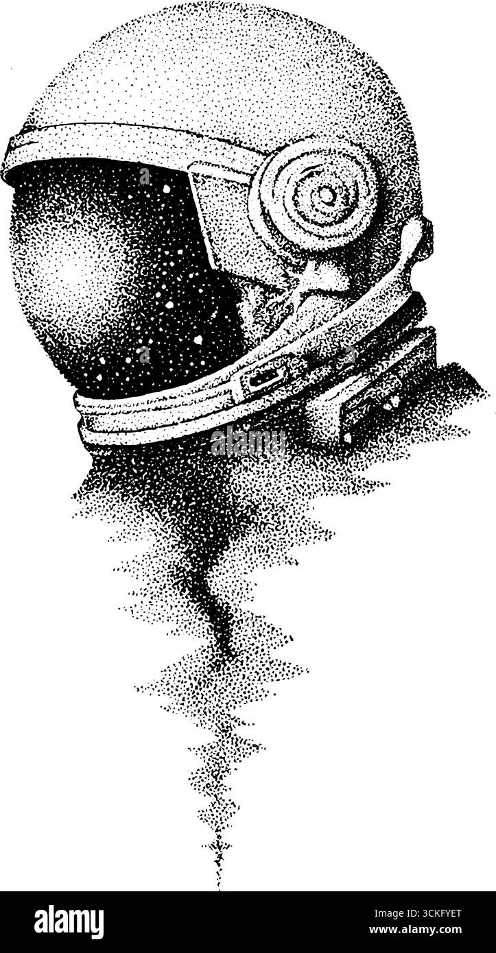 Illustration détaillée en pointillés d'un casque d'astronaute flottant dans l'espace. Illustration de Vecteur