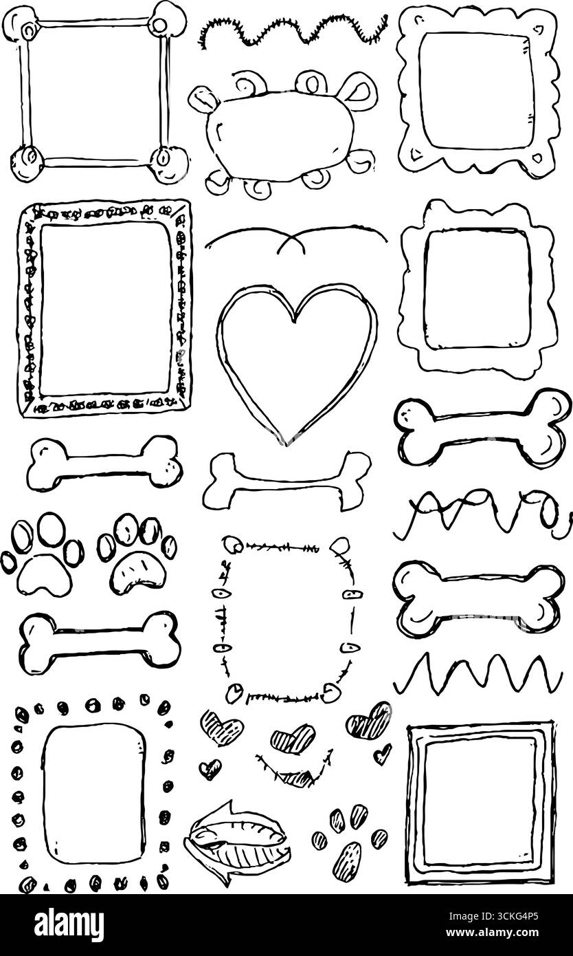 Cadres décoratifs dessinés à la main avec des imprimés de pattes et des os pour un design sur le thème des animaux de compagnie. Illustration de Vecteur Cadres décoratifs dessinés à la main avec des imprimés de pattes et des os pour un design sur le thème des animaux de compagnie. Illustration de Vecteur