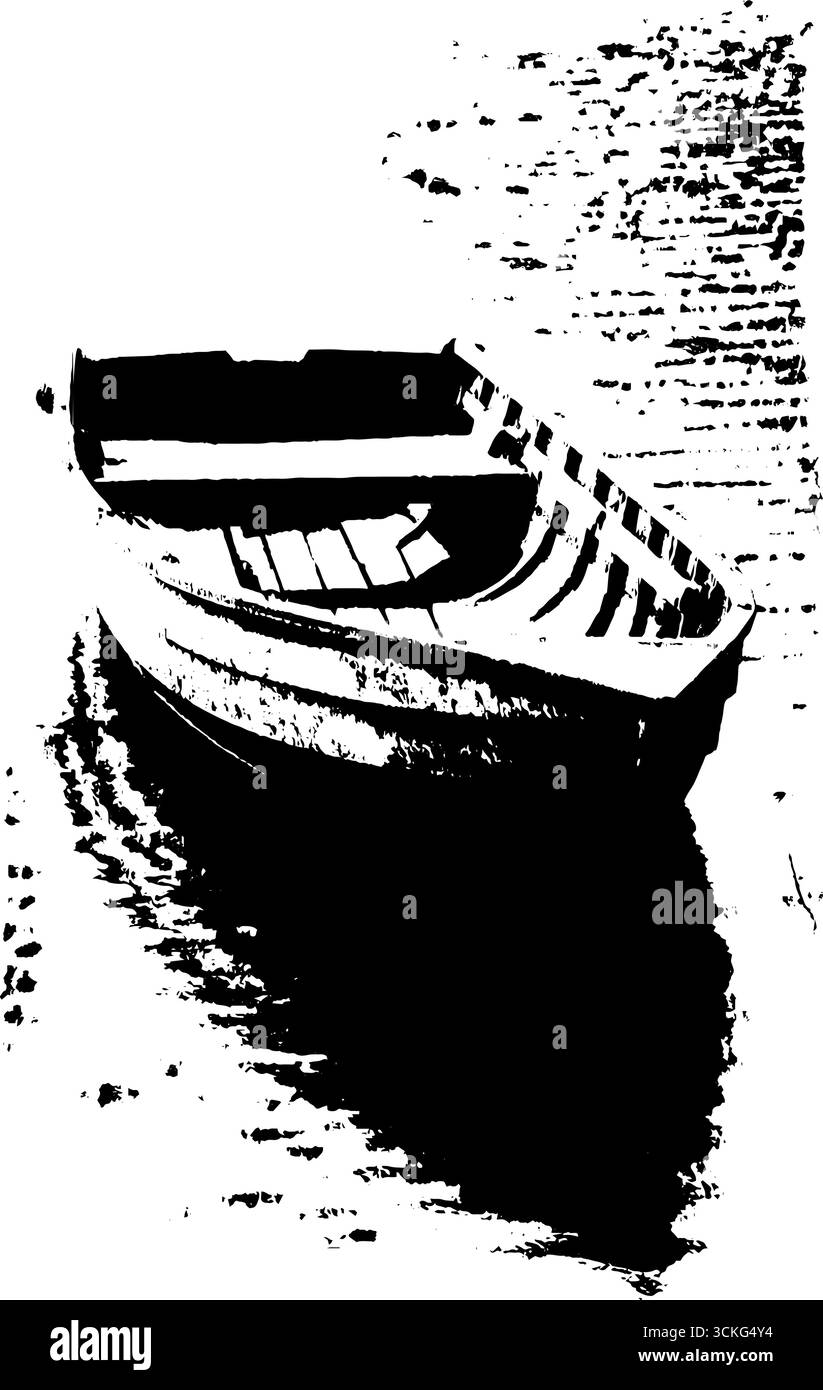 Bateau abandonné rustique en noir et blanc pour design nautique vintage. Illustration de Vecteur