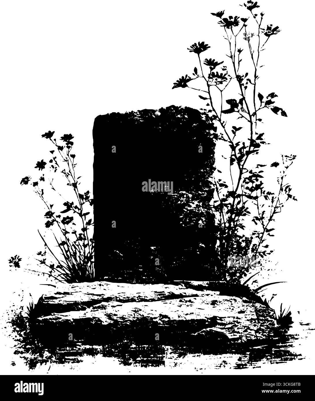 Monument rustique noir et blanc grunge avec des fleurs sauvages pour la conception artistique. Illustration de Vecteur