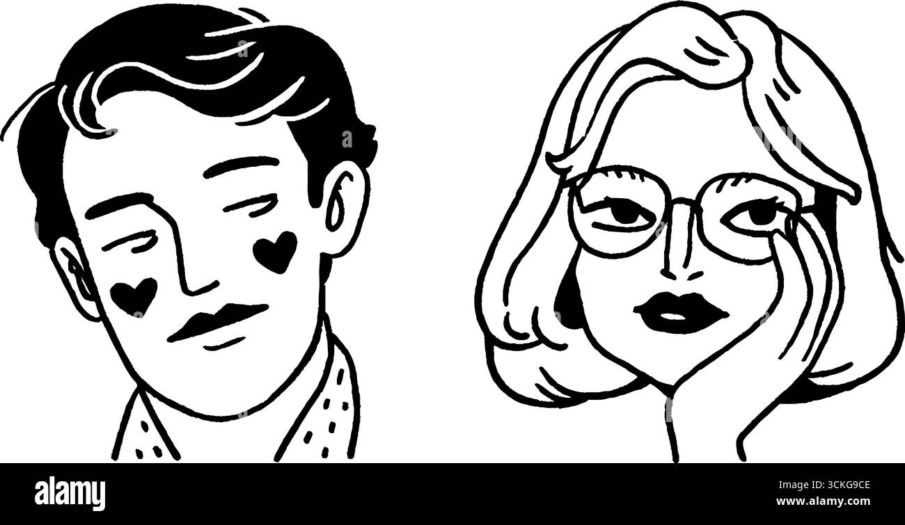 Portraits artistiques en noir et blanc d'un homme et d'une femme contemplatifs amoureux. Illustration de Vecteur