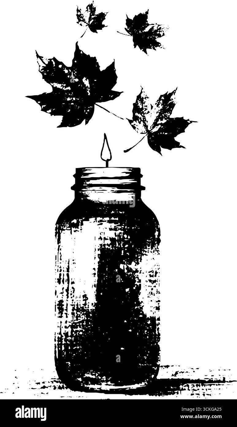 Illustration de bougie grunge noir et blanc avec des feuilles tombantes pour la conception d'automne. Illustration de Vecteur