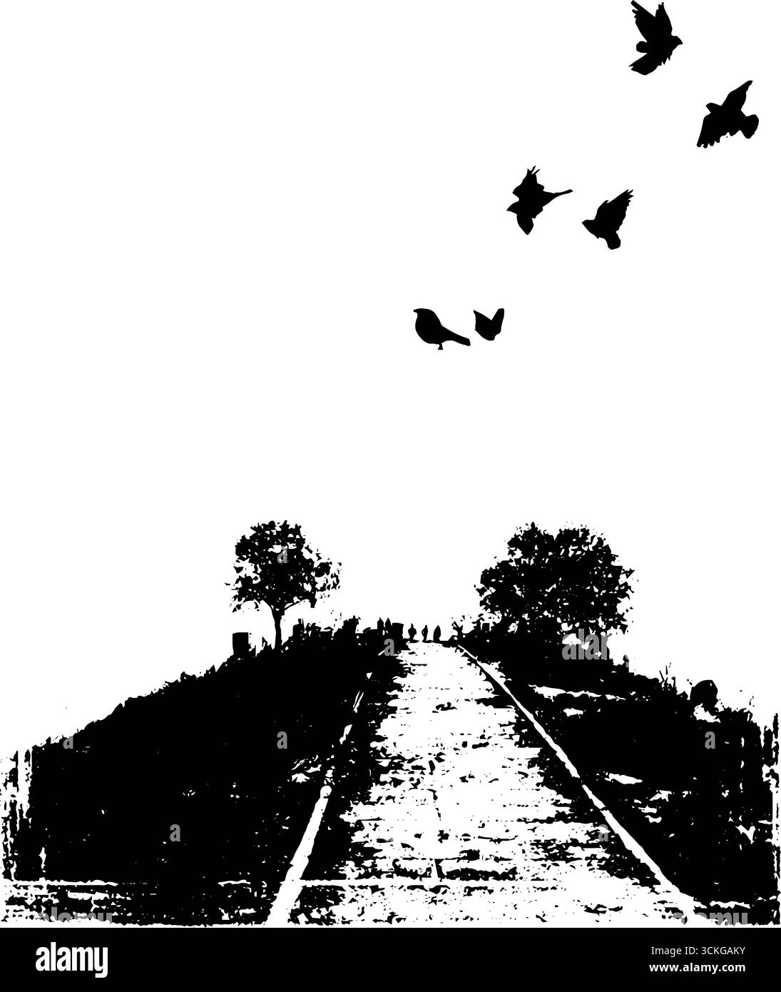 Grunge scène de cimetière noir et blanc avec des oiseaux pour la conception d'halloween. Illustration de Vecteur