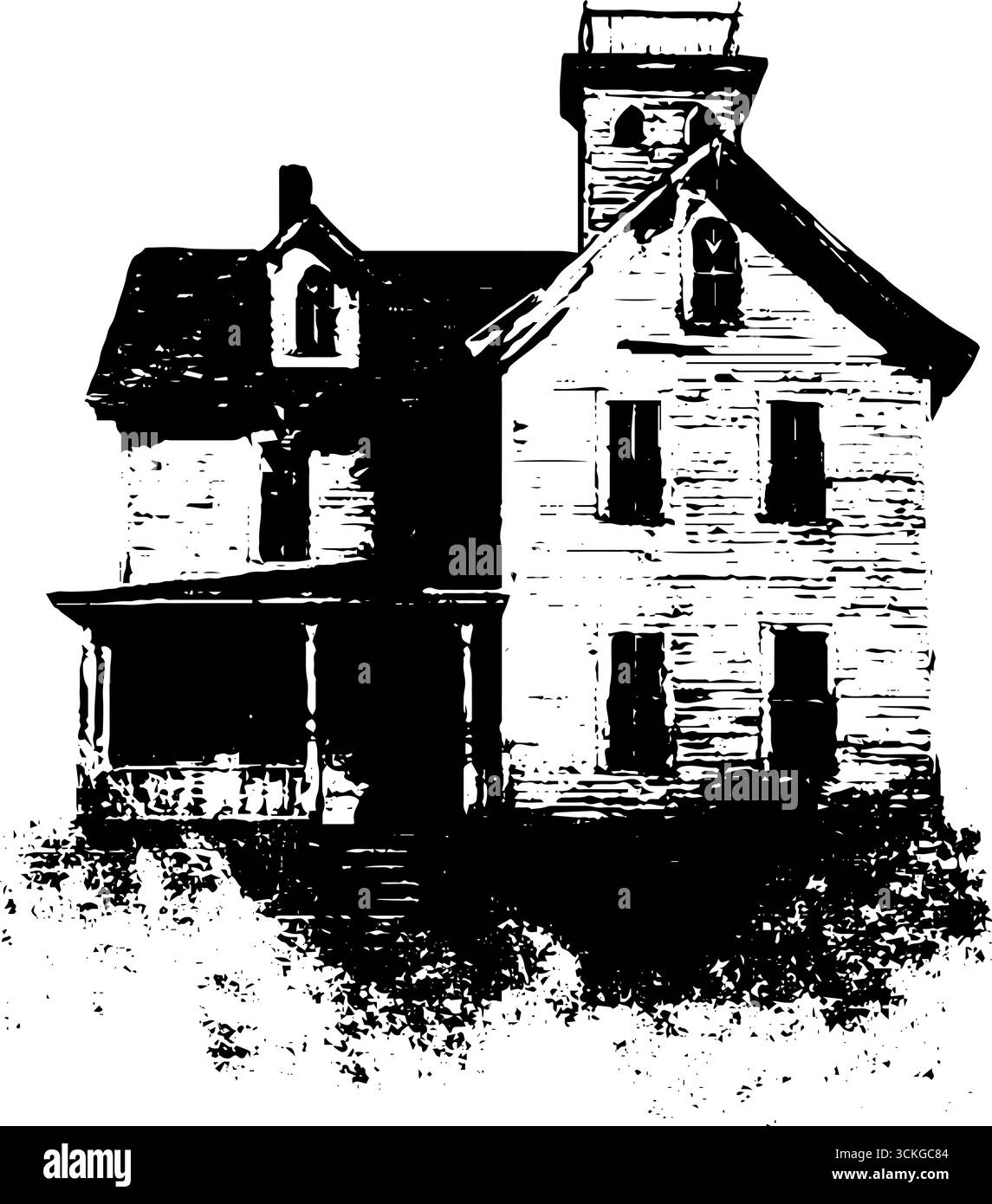 Grunge illustration noir et blanc d'une maison hantée pour le décor d'halloween. Illustration de Vecteur